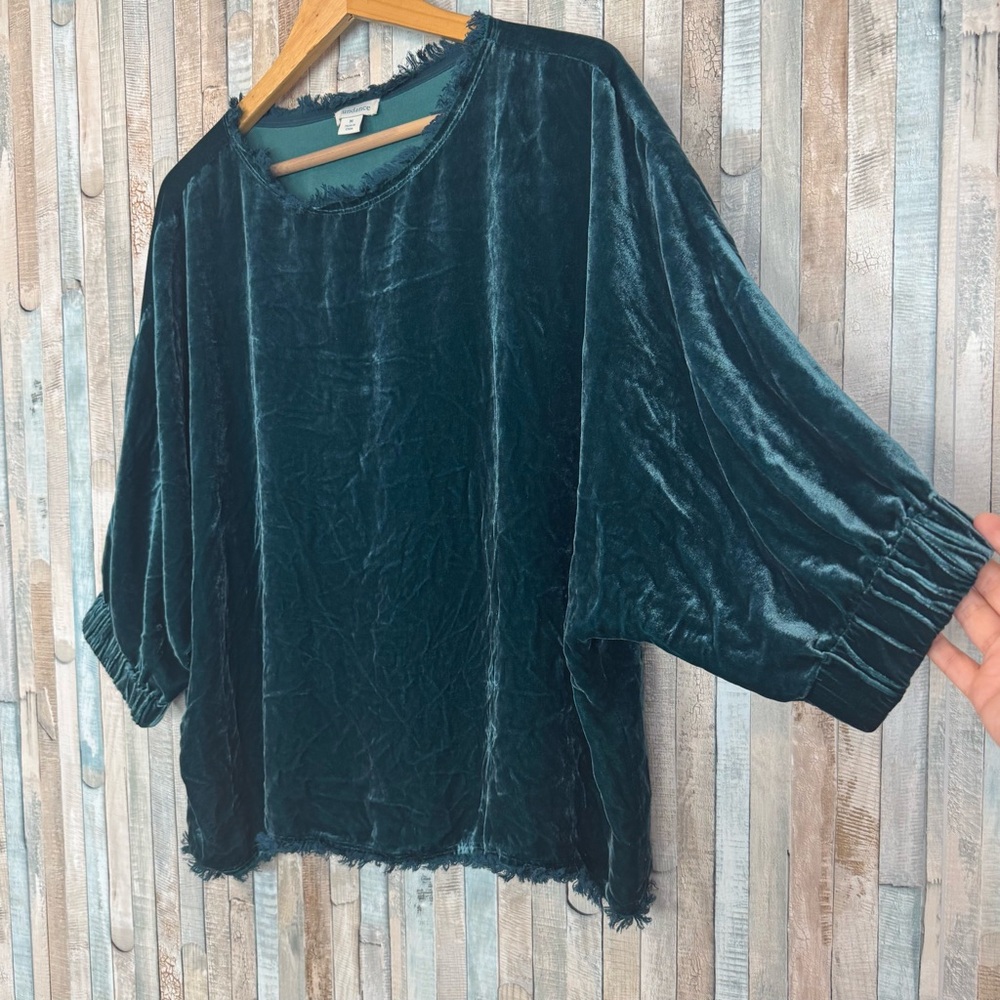 Sundance Catalog M Teal Alannah Velvet Top Blouse Fringe Trim Relaxed Fit Boho